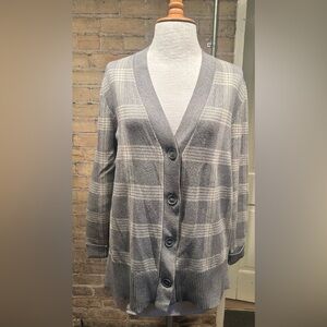 LOFT Gray Plaid V-Neck Button Cardigan